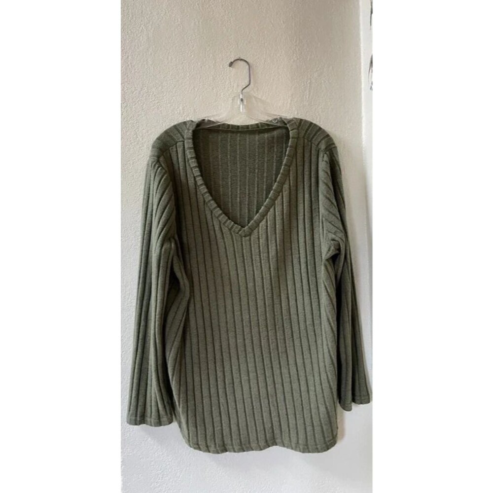 Olive Green Ribbed Knit V-Neck Sweater Long Sleeve Oversized Women's Large